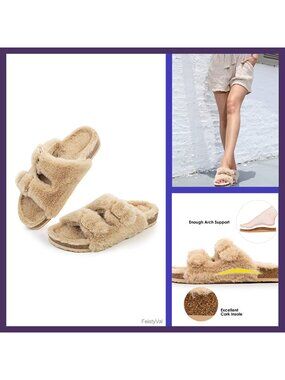 Faux Fur Cork Slide Slippers Open Toe Adjustable Buckle Sandals